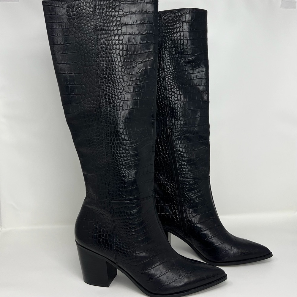 Aldo Black Croc-Embossed Over-the-Knee Block Heel Boots